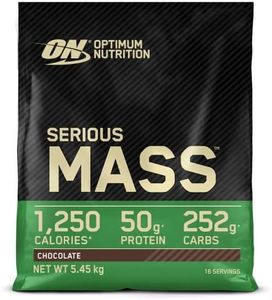 Optimum Nutrition Serious Mass Proteína en Polvo Alta en Calorías, Ganador de Masa Muscular con 25 Vitaminas y Minerales, Monohidrato de Creatina y Glutamina, Sabor Chocolate, 5.45 kg