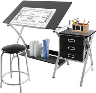 Yaheetech Drafting Desk, Drawing Table for Artists/Adults, Art Desk w/Stool and 3 Slide Drawers, Painting Studio Design Work Station, Adjustable Tabletop, Modern, 50.5 x 24 x 45 inch