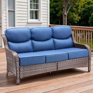 Pugire 71'' Patio Couch Outdoor Wicker Sofa, Heavy Duty All-Weather Rattan 3-Seater Sofa with Deep Seating and Removable Cover, Outdoor Patio Furniture for Deck Porch Sunroom Backyard Brown/Blue