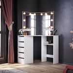 ELEGANT Corner Dressing Table with Hollywood LED Lights White Makeup Desk with 3 Angle Mirror and 5 Drawers, Large Storage Vanity Table for Girls