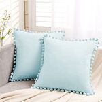 Topfinel Cushion Covers 45x45,Boho Cushion Covers 18 x 18 inches, Duck Egg Outdoor Velvet Pom Pom Soft Cushion Cover Blue with Invisible Zip for Sofa Chair Living Room,Pack of 2…