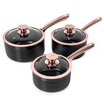 Tower T800001RB Linear Non Stick Induction Saucepans Sets With Lids, Easy Clean, Black and Rose Gold, 3 Piece Set, 16/18/20 cm