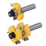 2Pcs Tongue and Groove Router Bits Set, 1/2" Shank 3 Teeth 2 Bearing Adjustable T Shape Routers for Flooring Cupboard Cutting