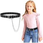 JASGOOD Kids Double Grommet Belt, PU Leather Punk Rock Belt for Boys Girls Jeans Pants with Detachable Chain, Black with Chain,Suit for Pants Size Below 30”