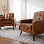 Wahson Set of 2 PU Accent Arm Chair with Tufted Back, Faux Leather Comfy Upholstered Single Sofa, Mid Century Modern Side Club Chair with Wood Legs for Reading/Living Room/Bedroom/Adults, Caramel