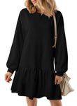 BLENCOT Mini Dress for Women 2024 Fall Winter Cute Patchwork Long Sleeve Ruffled Crewneck Sweatshirt Dresses Casual Sport Pullover Tops Black Small