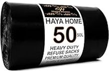 Haya Home 50L 50 Bin Bags Heavy Duty Bin Liners, Black Plastic Refuse Sacks large Garbage Waste Dustbin Bags for Kitchen Home Office DIY Garden from 100% Recycled Material