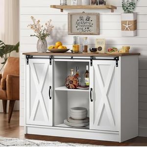 Armadio da caffè con contenitore per bancone e caffè, bianco, con ante scorrevoli per fienile, 106,7 cm, con tavolo in legno per cucina, sala da pranzo