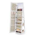 SONGMICS 6 LEDs Mirror Jewellery Cabinet, 360° Swivel Jewellery Storage Organiser, Lockable, Free-Standing Frameless Full-Length Mirror with Storage, White Surface, Greige Lining JJC007W02