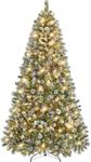 Yaheetech 6ft Pre-lit Christmas Tree, Snow Flocked Artificial Christmas Tree with 64 Snow Pinecones & 920 PVC Branch Tips & 250 Warm White Lights, White & Green