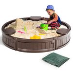 COSTWAY Kids Sandpit with Waterproof Cover, Built-in Seater and Bottom Liner, Backyard Beach Sandbox for Children Outdoor Play (Round)