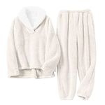 eBoutik - Women's Teddy Fluffy Supersoft Sherpa Autumn & Winter Pyjama Set - Ladies Loungewear - Romantic Valentines or Easter Gift (White (XL)) - XLarge 14-16