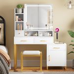 YITAHOME 41.3'' Vanity Desk with Mirror and Lights, Makeup Vanity with Drawers, Shelves, Cabinet, Power Outlet, Dressing Table Set with Stool, 3-Color Adjustable Lighting, Bedroom, Snow White