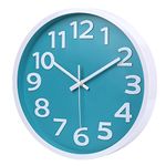 25cm Modern Wall Clock Silent Non-ticking Easy to Read Quality Quartz Sweep Teal Clock for Kitchen Bedroom Bathroom Classroom,Aqua