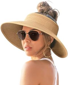 FURTALK Sun Visor Hats for Women Wide Brim Straw Ponytail Summer Beach Hat UV UPF Packable Foldable Travel Khaki