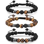 Senteria 3 Pcs 8mm Bead Bracelets for Men Women Tiger Eye Bracelets Natural Stone Bracelets Lava Rock Volcanic Stone Beads Bracelet Adjustable Yoga Braided Bracelets for Men