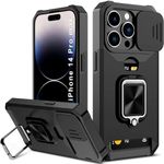 LuxuryKase Shockproof Armor Case for iPhone 14 Pro Max | Slide Camera Cover | Hidden Card Slot | Rotating Ring Kickstand | Magnetic Car Mount Support | Military Grade Protection – Black