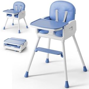 Obee Odee 3-in-1 Portable Baby High Chair for Babies and Toddlers, Convertible Easy Clean Infant Foldable Highchair with Adjustable Legs & Dishwasher Safe Tray, Blue