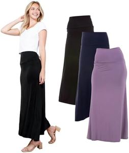 Azules Maxi Skirt for Women- Elegant Long Women's Skirts- Solid Color, Soft, Stretchy, Flowy Boho Rayon- Womens High Waist Fold Over for Any Occasion - Black, Silver Sand and Navy - Medium