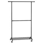 SONGMICS Heavy-Duty Clothes Rack, 39.4 Inch Clothing Rack with Storage Shelf, Middle-Rod,Garment Rack on Wheels, Industrial Double Rod Metal Clothing Rack for Hanging Clothes, Black UHSR62BK