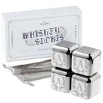 Whiskey Stones Gifts Set with Initial for Men & Women, 4pcs Stainless Steel Whiskey Rocks with Pouch and Tong, Chilling Ice Cubes Initial Gifts for Whiskey Lovers, Dad, Mom, Grandpa, Uncle - A