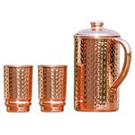 Copper Pitcher and Set of 2 Tumblers for Ayurveda Health Benefit | Pure Copper Hammered Water Jug with 2 Hammered Copper Tumbler