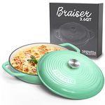 Segretto Cookware 3.6 QT Verde Chiaro (Light Green) Cast Iron Braiser Pan With Lid, Braiser Enameled Cast Iron Casserole Pan With Cover, Lasagna Pan Enamel Cast Iron Skillet with Lid Cookware