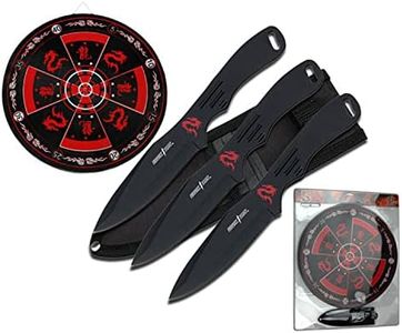 Perfect Point Throwing Knife Set – Target Board and Set of 3 Throwers, Black Stainless Steel Blades and Handles w/ Red Dragon, Includes Nylon Sheath, Well Balanced, Throwing Sport Knives – PP-075-3BK