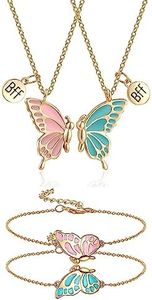 Friendship Necklaces Bracelets Set Bff Necklace for 2 Girls Best Friend Bracelets Matching Butterfly Charm Bracelets Colorful Butterfly Necklace Friend Gifts(Gold)…