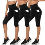 DHSO 3 Pack Women's Knee Length Leggings with Pockets High Waist Soft Summer Womens Shorts Spandex Workout Shorts for Running Athletics(3 Pack Pockets Black, L/XL)