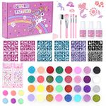 Highttoy Glitter Tattoos for Kids, Unicorn Temporary Glitter Tattoo Kit, 32 Colors Glitter, 6 Light Up Powder, 150 Stencils, 5 Brushes, 3 Glues, 2 Rhinestone Stickers, 1 Sponge, Birthday Party Favors