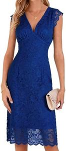 Women's Lace Cocktail Dress Sleeveless V Neck Elegant Bodycon Midi Dress for Wedding Guest Party Evening Formal (US, Alpha, Small, Regular, Regular, Bright Blue)