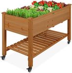 Best Choice Products Raised Garden Bed 48x24x32-inch Mobile Elevated Wood Planter w/Lockable Wheels, Storage Shelf, Protective Liner - Acorn Brown