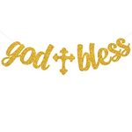 Festiko God Bless Banner - Glitter Baptism Decorations First Communion Party Supplies Christening Wedding Decors ( Golden Glitter)