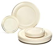 " Occasions " 50 Plates Pack, Heavyweight Premium Disposable Plastic Plates Set (25 x 10.5'' Dinner + 25 x 6.25'' Cake Plates) Ivory & Gold Rim