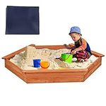 Maxmass Kids Wooden Sandbox, Large Hexagon Sand Pit with 3 Bench Seats, Protective Cover and Bottom Liner, Children Outdoor Sandpit for Garden Beach Backyard