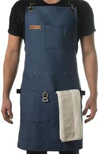 Asaya Chef & BBQ Apron with Pockets - Cross Back Canvas Cooking Apron for Women and Men, Adjustable Work & Grilling Aprons with Pocket, Bottle Opener and Hand Towel, 10oz Cotton Canvas (Blue)