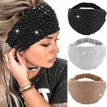 CAKURE Crystal Wide Headbands Rhinestone Head Bands Black Turban Headband Elastic African Head Wraps Sport Hair Bands for Women and Girls Pack of 3 (set 2)