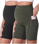 POSHDIVAH Women's Maternity Shorts Over The Belly Biker Yoga Active Pregnancy Workout Short Pants with Pockets 2PCS Black Dark Green 8" X-Large