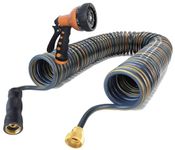 HomeyHoney 1/2'' EVA Recoil Garden Hose 22 ft, Coiled Boat Hose, Heavy Duty EVA Coil Hose with Spray Nozzle and Brass Connectors for Outdoors, Yard, Boats, Car Washing, Gray+Orange 22FT