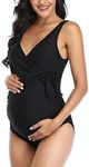 Maternity Swimsuit One Piece Tie Front Bathing Suit V Neck Pregnancy Swimwear High Cut Black L