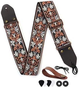 T Tersely Guitar Strap, Guitar Straps Adjustable Genuine Leather Ends Jacquard Weave Bass Strap for Acoustic/Electric/Guitars,(Multicolor stripes) (Retro Brown Flower)