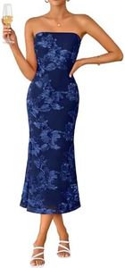 ZESICA Women's Summer Strapless Floral Midi Dress 2026 Bodycon Mesh Tube Wedding Guest Cocktail Party Formal Dresses Navy Large