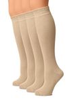 HUGH UGOLI Women Cotton Knee High Socks, Long Dress School Uniform Socks for Girls, Soft & Lightweight Boot Socks, Shoe Size: 5-8, Light Beige, 4 Pairs