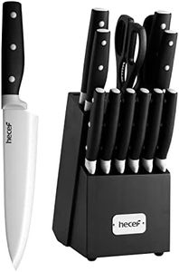 hecef Kitchen Knife Block Set, 14 Pieces Knife Set with Wooden Block & Sharpener Steel & All-purpose Scissors, High Carbon Stainless Steel Cutlery Set (Black)