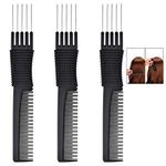 iwobi 3 Pcs Professional Styling Combs,Black Carbon Lift Teasing Combs with Metal Prong,Hair Cutting Comb