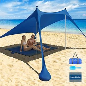 Pop Up Beach Tent Sun Shelter UPF50+, 7.8x7.8 FT Windproof Sun Shade with Beach Blanket, 2 Stability Poles, Carrying Bag, Sand Shovel, Outdoor Shade Canopy for Camping Trips,Fishing,Picnics,Backyard