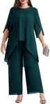 Hanna Nikole Plus Size Trouser Suits Mother of The Bride Outfits Chiffon Pant Suits for Wedding Guest 2 Pieces Festival Outfit Elegant Outfits Sequin Neck& High Waist Cotail Evening Suits Dark Green