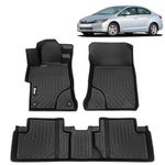 FREEMOTOR802 Compatible With 2012-2015 Honda Civic Sedan 4-Door Floor Mats, 3D Molded Custom Carpets 1st 2nd Row Front Rear Protection 3PC Black TPE Thermo Plastic Elastomer All Weather Liner