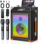 Metfut Karaoke Machine for Adults with 2 Wireless Microphones, Professional Bluetooth 5.3 Speaker, Portable Wooden Karaoke System with Bass/Treble Adjustable for Backyard, Home Party-Orange